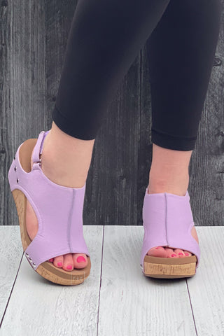 Corkys Footwear Carley wedge sandal in lavendar canvas