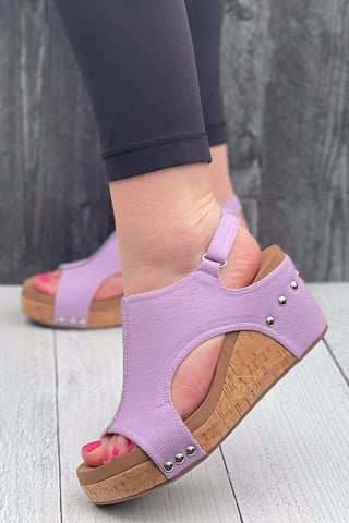 Corkys Footwear Carley wedge sandal in lavendar canvas