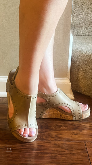 corkys footwear carley wedge sandal in taupe oil pu with studs