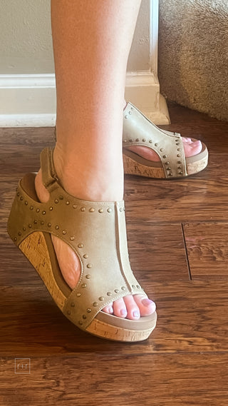 corkys footwear carley wedge sandal in taupe oil pu with studs