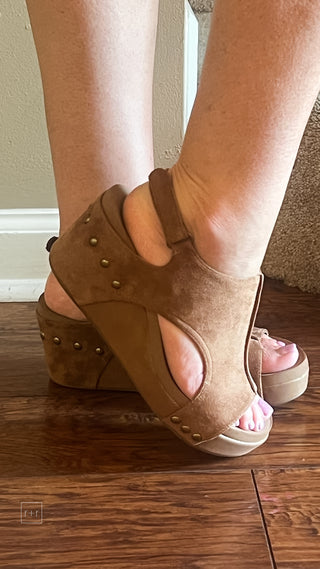 corkys footwear carley wedge sandal tobacco faux suede bronze