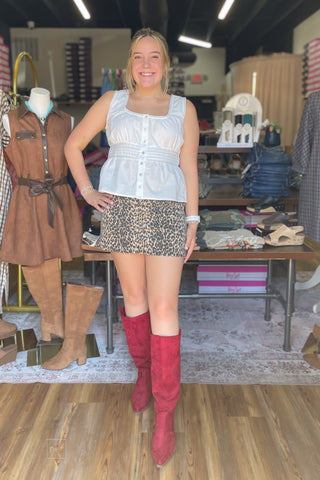 Hey Girl By Corkys Crimson red faux suede City Slicker boots with pointed toe and stacked heel, full outfit front view