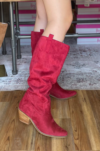Hey Girl By Corkys Crimson red faux suede City Slicker boots with pointed toe and stacked heel, side view