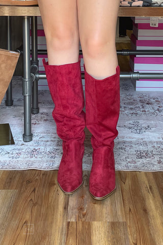 Hey Girl By Corkys Crimson red faux suede City Slicker boots with pointed toe and stacked heel, front view