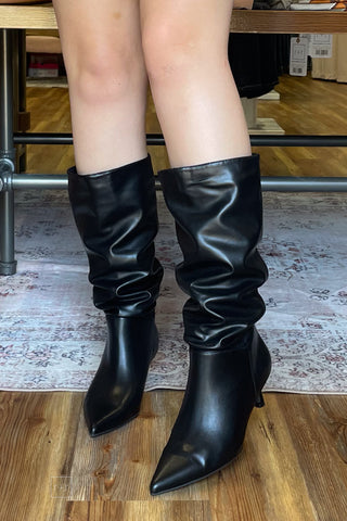 Corkys Footwear Company Party Black Slouch Tall Boot with Kitten Heel and Pointy Toe front view slouched down look
