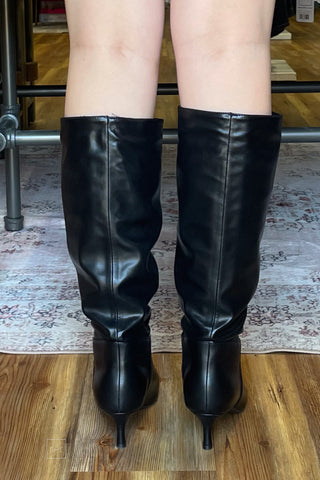 Corkys Footwear Company Party Black Slouch Tall Boot with Kitten Heel and Pointy Toe back view