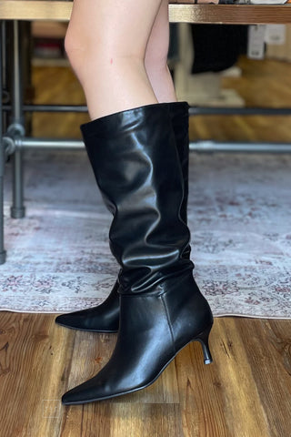 Corkys Footwear Company Party Black Slouch Tall Boot with Kitten Heel and Pointy Toe side view