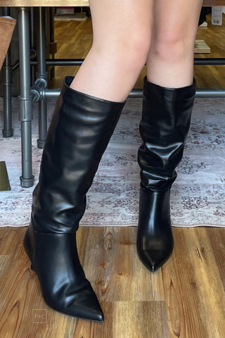 Corkys Footwear Company Party Black Slouch Tall Boot with Kitten Heel and Pointy Toe front view