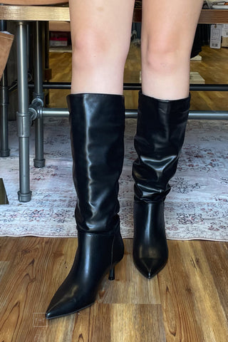 Corkys Footwear Company Party Black Slouch Tall Boot with Kitten Heel and Pointy Toe front view