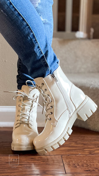 corkys footwear cray ivory patent combat boot 80-0049-IRPT