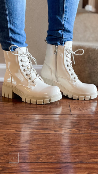 corkys footwear cray ivory patent combat boot 80-0049-IRPT