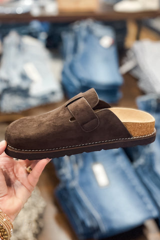 Corkys Footwear Chocolate Faux Suede Distracted Adjustable Strap Buckled Clog inside view