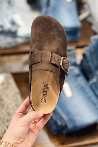 Corkys Footwear Chocolate Faux Suede Distracted Adjustable Strap Buckled Clog top view