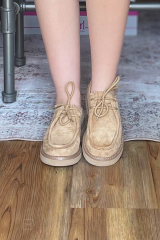 Corkys Footwear Fall For It Lace up Moccasin Shoe Iconic style similar to Clarks Wallabee with Corkys cushioned insole front view