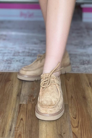 Corkys Footwear Fall For It Lace up Moccasin Shoe Iconic style similar to Clarks Wallabee with Corkys cushioned insole front view