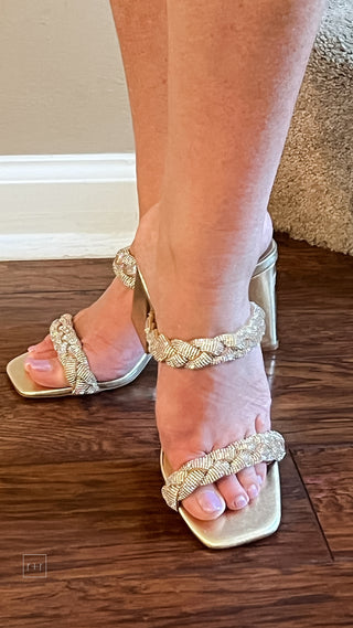 corkys footwear french kiss braided double strap sandal in shiny metallic gold with rhinestones embellishments perfect for formals, hoco, prom, weddings