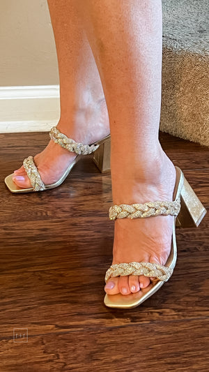 corkys footwear french kiss braided double strap sandal in shiny metallic gold with rhinestones embellishments perfect for formals, hoco, prom, weddings