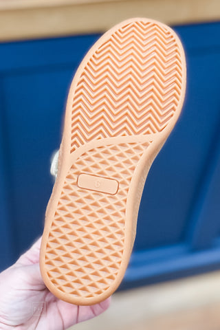 Corkys Footwear Calm Down mary jane style sneaker in metallic gold with 2 white stripes and heel detail sole