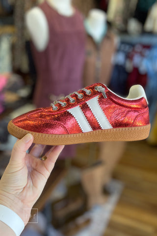 Hey Girl by Corkys red metallic crinkly man made leather low top fashion sneakers with sparkly laces side view