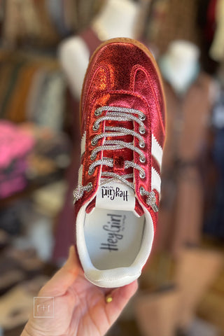 Hey Girl by Corkys red metallic crinkly man made leather low top fashion sneakers with sparkly laces top view