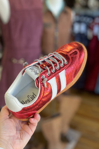 Hey Girl by Corkys red metallic crinkly man made leather low top fashion sneakers with sparkly laces top view