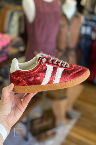 Hey Girl by Corkys red metallic crinkly man made leather low top fashion sneakers with sparkly laces side view