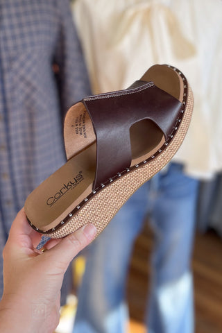 Corkys Footwear Kiss N Tell Walnut Brown Open Toe Cork Wedge Sandals Open Toe Open Back