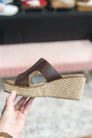 Corkys Footwear Kiss N Tell Walnut Brown Open Toe Cork Wedge Sandals Open Toe Open Back