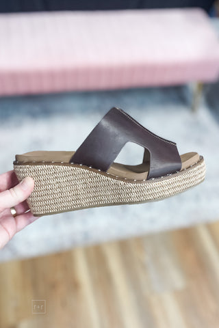 Corkys Footwear Kiss N Tell Walnut Brown Open Toe Cork Wedge Sandals Open Toe Open Back