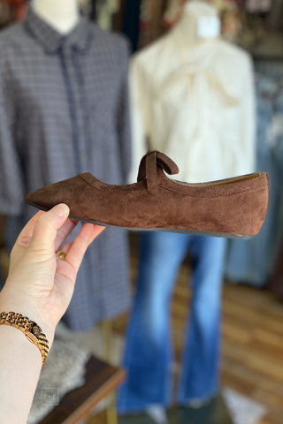 Corkys Footwear Layover Ballet Flats Bow Detail Chocolate brown Faux Suede square toe side view