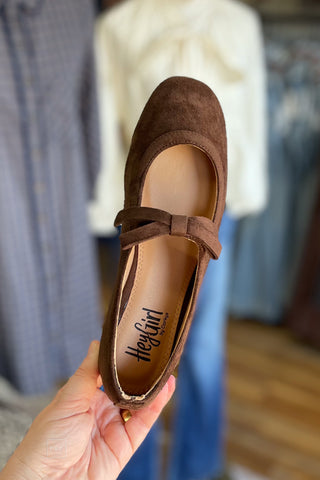 Corkys Footwear Layover Ballet Flats Bow Detail Chocolate brown Faux Suede square toe top view