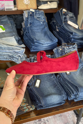 Corkys Footwear Red Layover Ballet Flats Bow Detail Faux Suede square toe