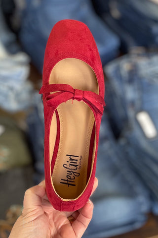 Corkys Footwear Red Layover Ballet Flats Bow Detail Faux Suede square toe