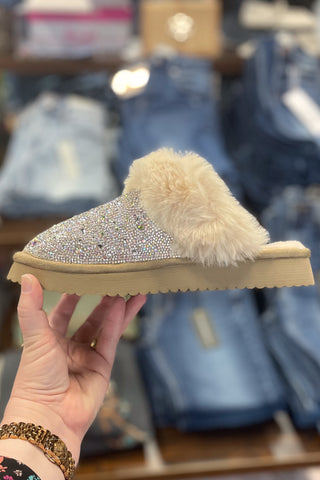 Corkys Lets Order In Clear Rhinestone Fur Trimmed Slippers