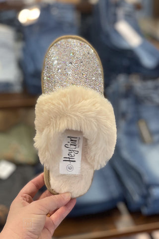 Corkys Lets Order In Clear Rhinestone Fur Trimmed Slippers