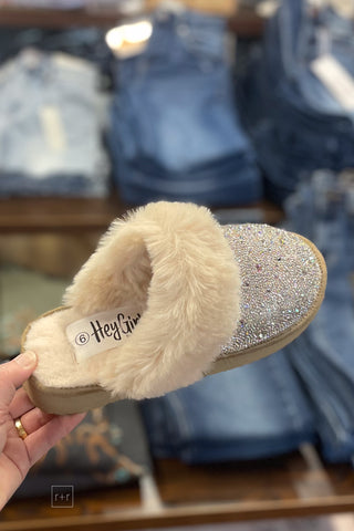 Corkys Lets Order In Clear Rhinestone Fur Trimmed Slippers