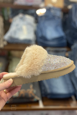 Corkys Lets Order In Clear Rhinestone Fur Trimmed Slippers