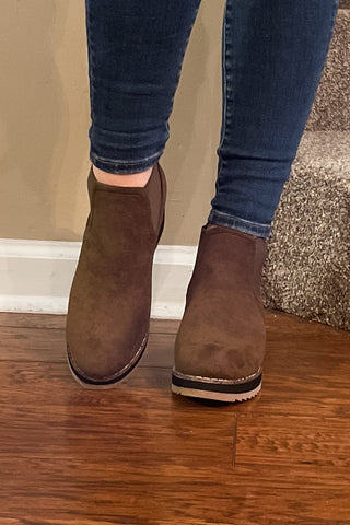 Corkys Footwear Love You A Latte Wedge Chelsea Boots Khaki Faux Suede