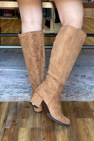 Corkys Footwear Camel Faux Suede Made You Look Tall Boot Block Heel fall and winter boot side view