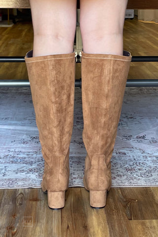 Corkys Footwear Camel Faux Suede Made You Look Tall Boot Block Heel fall and winter boot back view