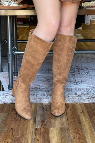 Corkys Footwear Camel Faux Suede Made You Look Tall Boot Block Heel fall and winter boot front view