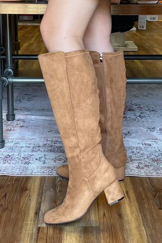 Corkys Footwear Camel Faux Suede Made You Look Tall Boot Block Heel fall and winter boot side view