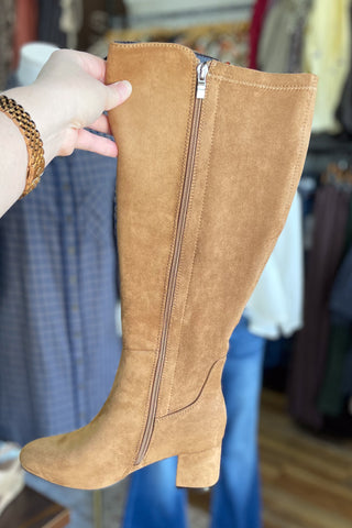 Corkys Footwear Camel Faux Suede Made You Look Tall Boot Block Heel fall and winter boot zipper side view