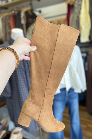 Corkys Footwear Camel Faux Suede Made You Look Tall Boot Block Heel fall and winter boot side view