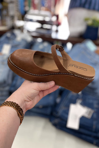 Corkys Footwear Me Time Closed Toe Wedge Shoe in Auburn Brown side view