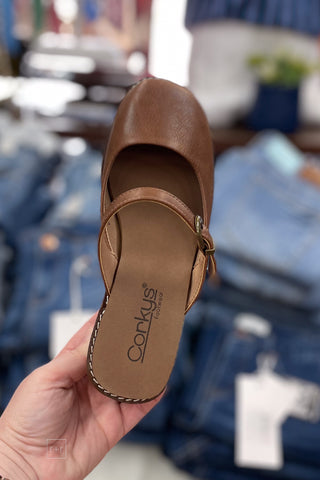 Corkys Footwear Me Time Closed Toe Wedge Shoe in Auburn Brown top view