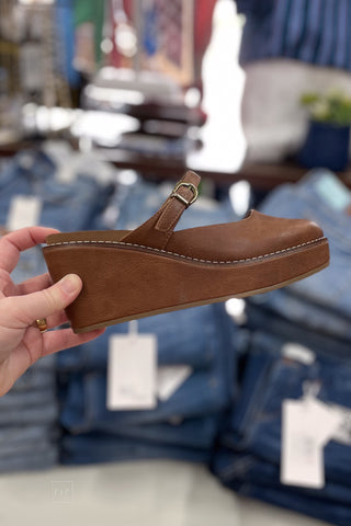 Corkys Footwear Me Time Closed Toe Wedge Shoe in Auburn Brown side view
