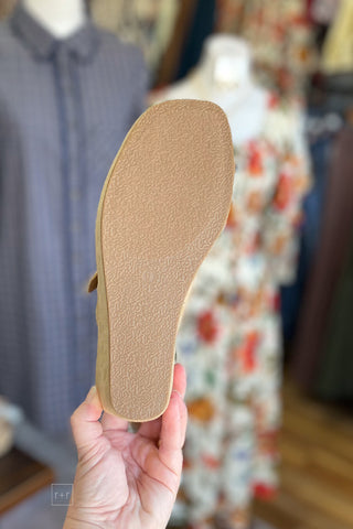 Corkys Footwear Me Time Closed Toe Wedge Shoe in Camel Faux Suede bottom view