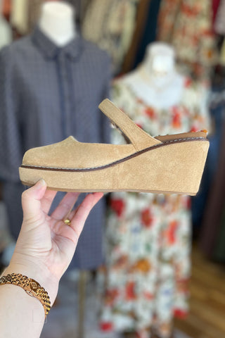 Corkys Footwear Me Time Closed Toe Wedge Shoe in Camel Faux Suede side view