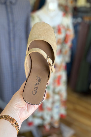 Corkys Footwear Me Time Closed Toe Wedge Shoe in Camel Faux Suede top view